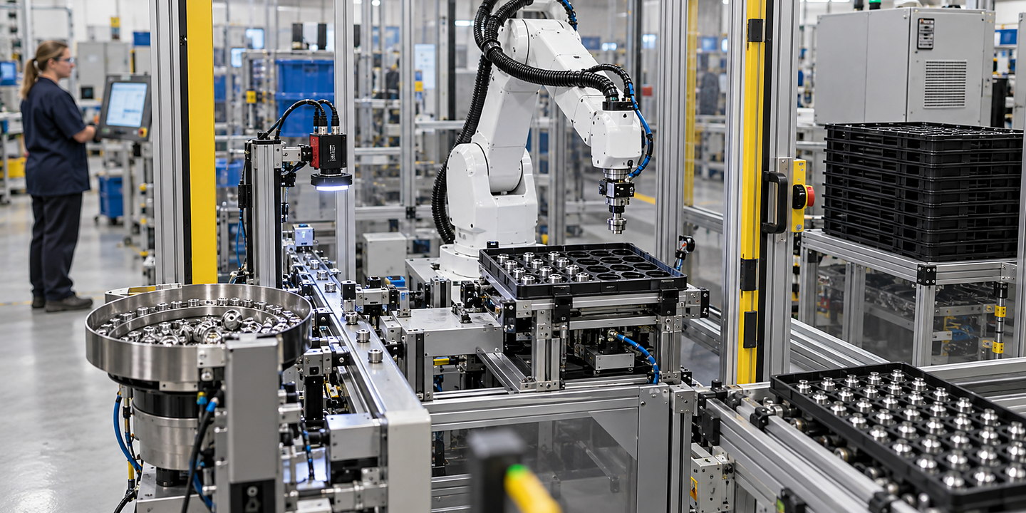 A robot placing components into indexed trays, with a feeder or conveyor on one side and full-tray outfeed within the guarded cell.